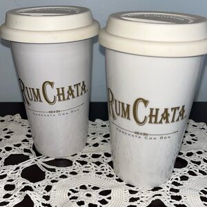 Brand New Rum Chata Porcelain Tumblers with Silicone Lids  16 Ounces White/Gray